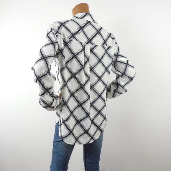 EXPRESS Top L Button Down Blouse White/Black Shirt Checks Roll Tab Long Sleeves - Picture 9 of 12